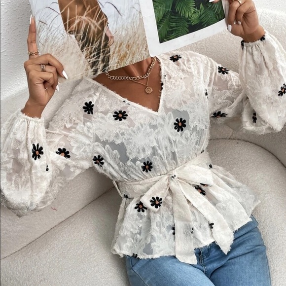 Cream black fuzzy floral design belted peplum blouse - Picture 5 of 5